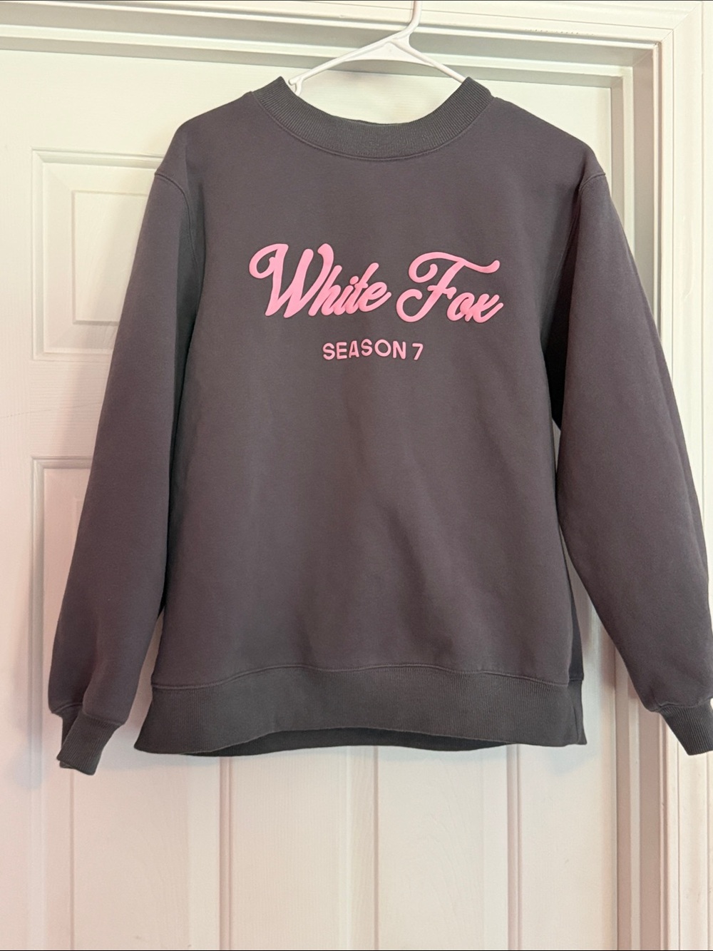 White Fox Boutique Charcoal Crewneck with Pink Script Logo